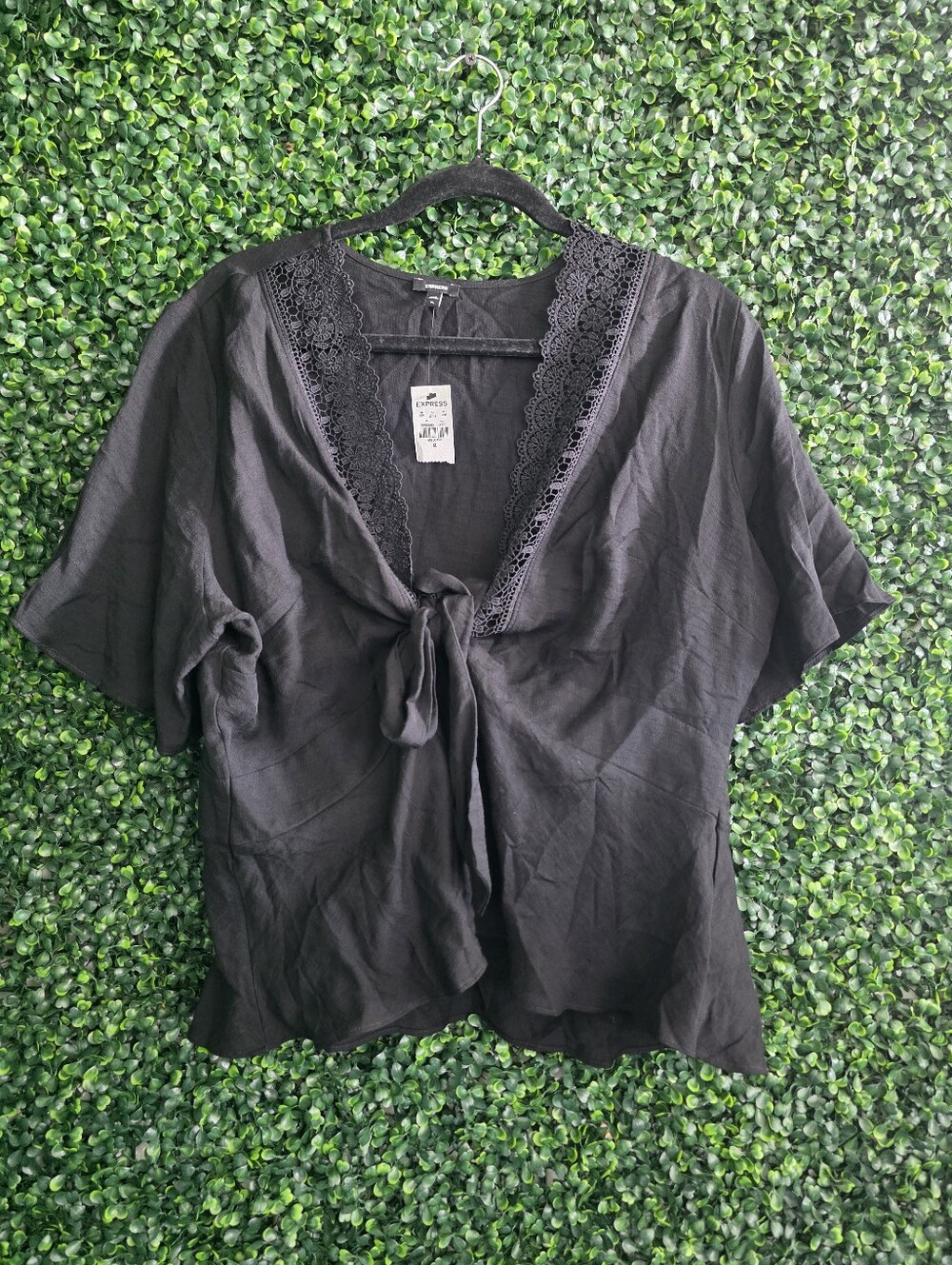 Express Women's Black Tie-Front Lace Trim Blouse Size XL